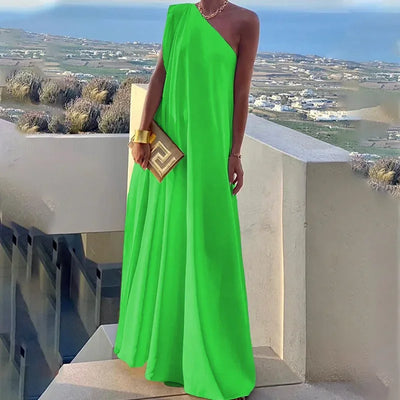 One Shoulder Solid Color Sleeveless Banquet Gown Dress Elegant One Shoulder Sleeveless Banquet Gown for Women AMB BOUTIQUE  Green S 