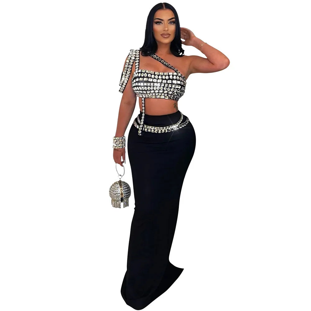 Premium Black Diamond Sleeveless Top & Maxi Skirt Set