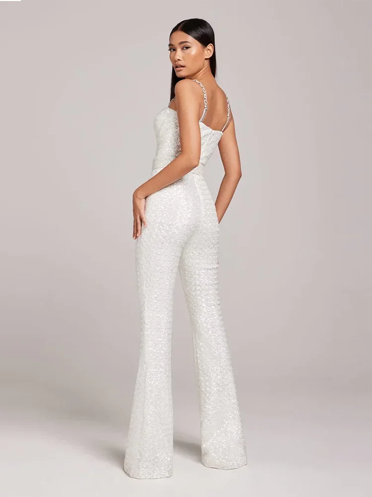 White Sequin Chain Strap Wide Leg Jumpsuit for Women White Sequin Chain Strap Wide Leg Jumpsuit for Women AMB BOUTIQUE    