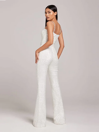 White Sequin Chain Strap Wide Leg Jumpsuit for Women White Sequin Chain Strap Wide Leg Jumpsuit for Women AMB BOUTIQUE    