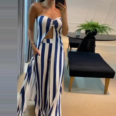 Striped Sleeveless Backless Women’s Two-Piece Set