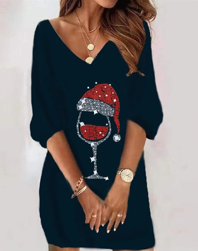 Beautiful Christmas Wine Glass Print V-Neck Dress from AMB Boutique