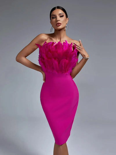 Feather Strapless Red Bandage Midi Dress