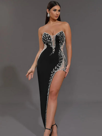 Premium Black Strapless Beaded Bodycon Maxi Dress