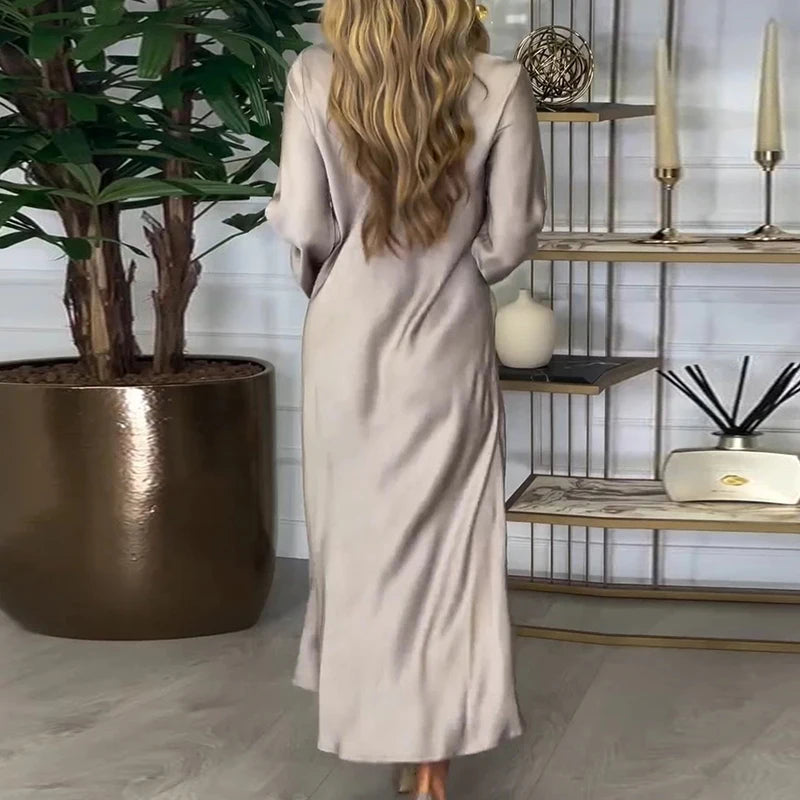 Women's V-neck Long-sleeved Satin Dress