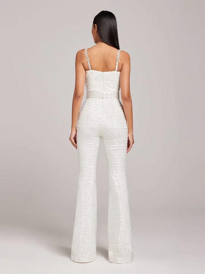 White Sequin Chain Strap Wide Leg Jumpsuit for Women White Sequin Chain Strap Wide Leg Jumpsuit for Women AMB BOUTIQUE    