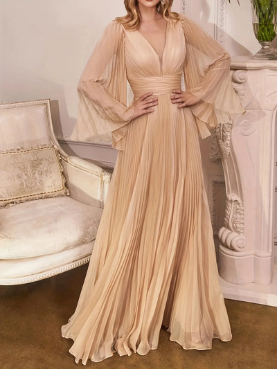 Elegant Plus Size Pleated V-Neck Evening Gown - Luxury Party Dress Elegant V-Neck Plus Size Evening Dress - Luxury Party Wear AMB BOUTIQUE  Apricot L 