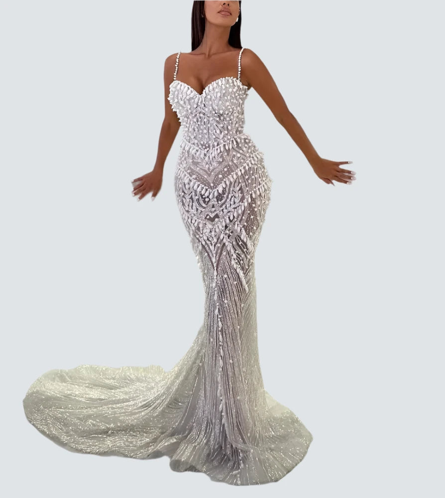 Pearl Illusion Long Mermaid Train Prom Dress Pearl Illusion Long Mermaid Train Prom Dress AMB BOUTIQUE  White 2 