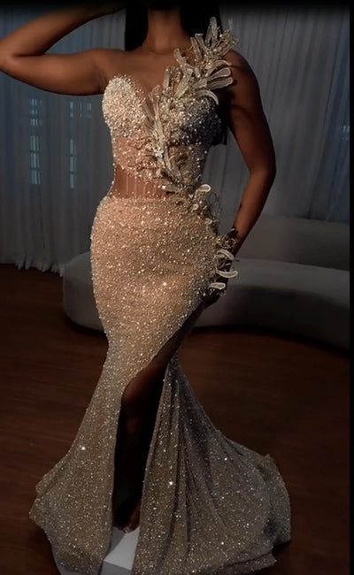 Illusion High-Slit Sequined Mermaid Prom Gown