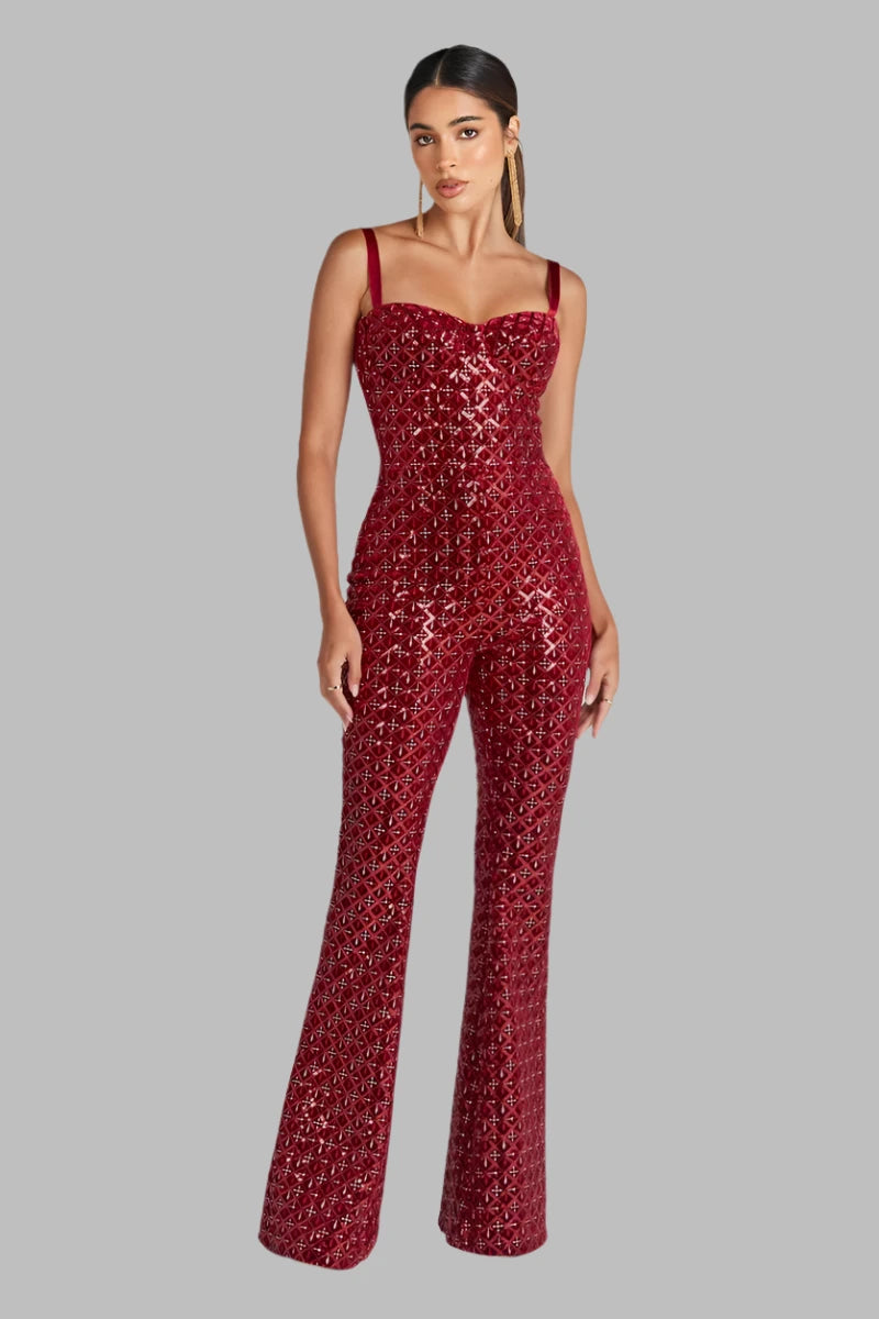 Luxury Red Sequins Spaghetti Strap Jumpsuit