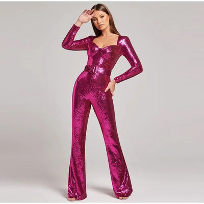 Sexy Sequins Women's Jumpsuit 2024 Autumn Winter Glitter Slim Long Sleeve Female Bodysuit Party Club Flare Pants Ladies Rompers AMB BOUTIQUE