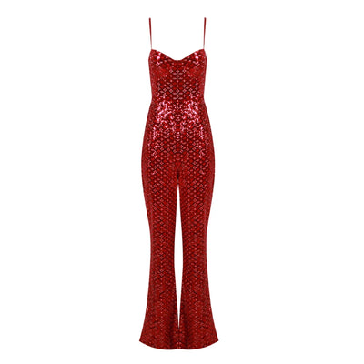 Luxury Red Sequins Spaghetti Strap Jumpsuit