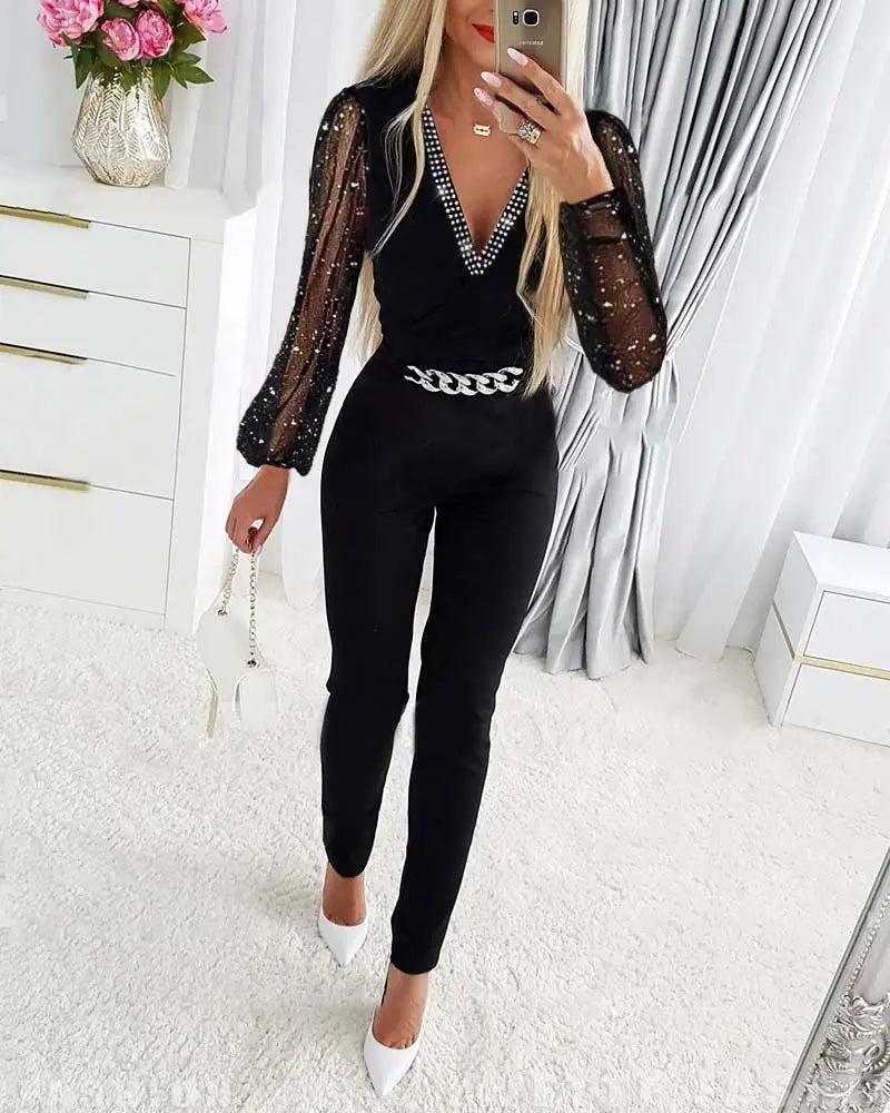 GlitterGlam Mesh Rhinestone Jumpsuit