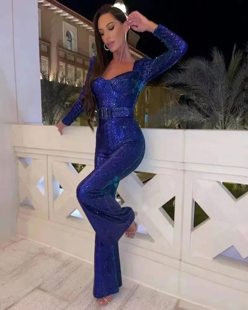 Sexy Sequins Women's Jumpsuit 2024 Autumn Winter Glitter Slim Long Sleeve Female Bodysuit Party Club Flare Pants Ladies Rompers AMB BOUTIQUE Blue XXL