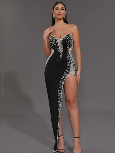 Premium Black Strapless Beaded Bodycon Maxi Dress